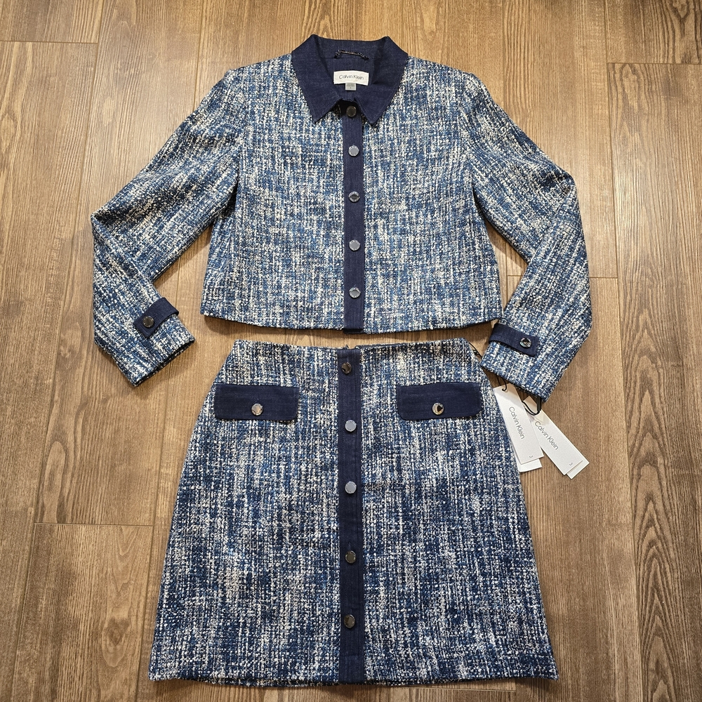 Calvin Klein Blue and White Tweed Skirt Set